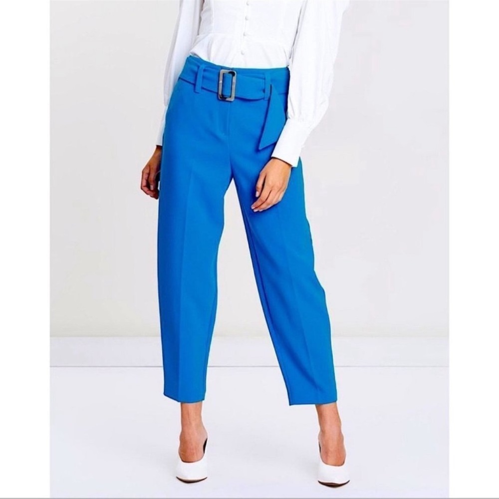 Topshop High Waisted Tapered Leg Shape Trousers Cobalt Blue Belt Pants Size 2